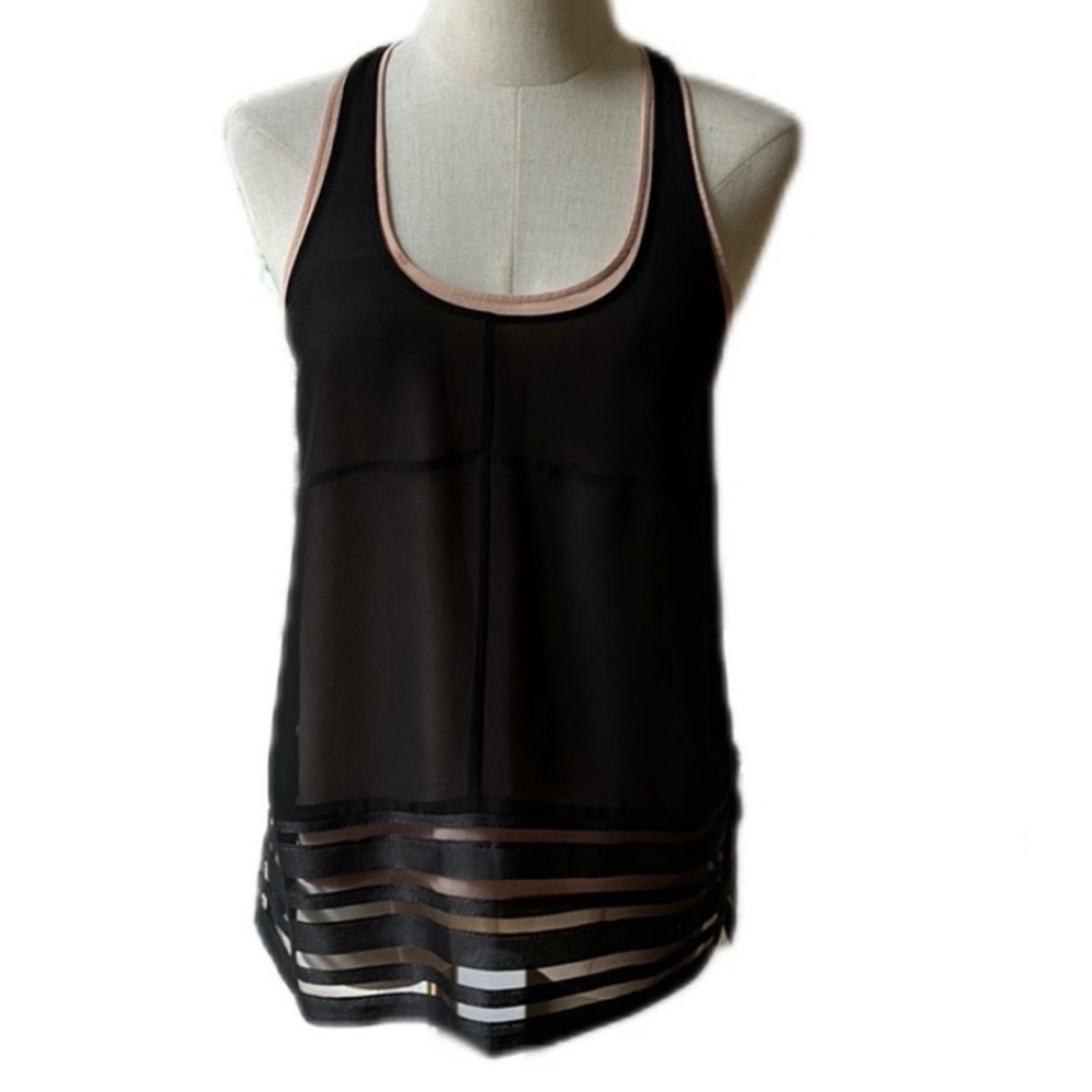 W118 Walter Baker Sheer Striped Tank Black Nude Lined Sleeveless Top Small